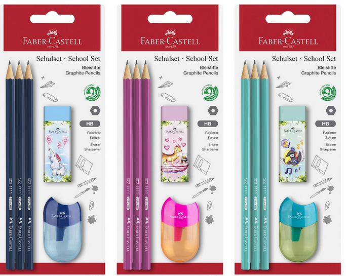 FABER-CASTELL ΣΕΤ 3 ΧΡΩΜΑΤΙΣΤΑ ΜΟΛΥΒΙΑ ΗΒ ΜΕ ΓΟΜΑ JUNGLE ΚΑΙ ΞΥΣΤΡΑ APPLE - 3 ΣΧΕΔΙΑ